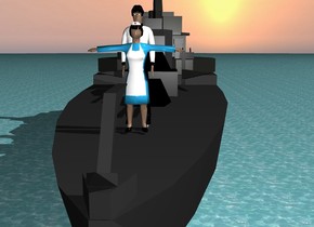 There is a ship. The ground is water.
On the ship is a big woman.  The woman faces north. in front of  the woman is a big man. The man faces the woman. The man is 14 feet high.