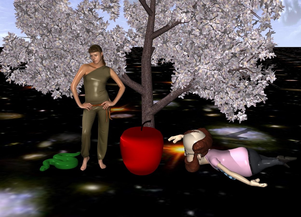 Input text: There is a big apple tree. In front of the tree is a big woman. To the right of the woman is an enormous  big apple. To the left of the woman is a big snake. To the right of the apple is a big man. The man faces the apple. The apple is next to the man.  The ground is sky. The apple is 5 feet tall.  