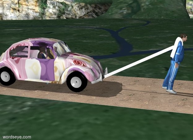Input text: A [flower] car is on a path. the car is facing right. the path is facing right. the path is 10 feet wide and 100 feet deep. the path is -1.2 inches over the ground. a man is 6 feet to the right of the car. he is facing right. he is leaning 10 degrees to the front.

a  iota is -1.9 foot to the left of the man. the iota is upside down. the iota is facing back. the iota is leaning 30 degrees to the right. the iota is -2.5 foot above the man. the iota is -.3 foot in front of the man.

a 8 foot high white stick is -0.3 feet to the right of the car. the stick is leaning 63 degrees to the left. it is 1 foot over the ground. the stick is 0.3 feet wide.

a girl is -6.5 feet over the car. a light is -2 feet over the car. the girl is facing right.