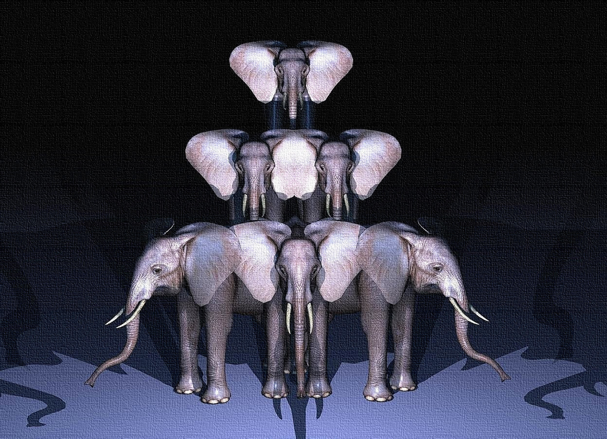 Input text: a 1st elephant.

a 2nd elephant is -6 foot to the right of the 1st elephant. the 2nd elephant is facing southeast.

a 3rd elephant is -6 feet to the left of the 1st elephant. the 3rd elephant is facing southwest.

a 4th elephant is -5 feet to the left of the 1st elephant. the 4th elephant is -7 feet behind the 1st elephant. the 4th elephant is 4 feet over the ground.

a 5th elephant is -5 feet to the right of the 1st elephant. the 5th elephant is -7 feet behind the 1st elephant. the 5th elephant is 4 feet over the ground.

a 6th elephant is 1 feet over the 1st elephant. it is -2 feet behind the 1st elephant.

the ambient light is black. the camera light is cornflower blue.
it is night.

1 pale blue light is 10 feet in front of the first elephant. the light is 4 feet over the ground.

a 2nd pale blue light is 10 feet in front of the 6th elephant. it is 8 feet over the ground