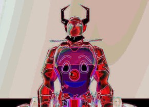 the transparent devil is 5 feet in the black reflective clown. the ground is black. the sky is red. the ambient light is purple. it is dusk. there is a giant knife behind the clown.