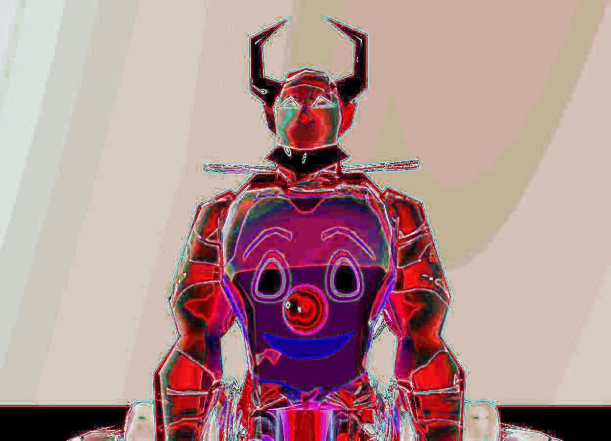 Input text: the transparent devil is 5 feet in the black reflective clown. the ground is black. the sky is red. the ambient light is purple. it is dusk. there is a giant knife behind the clown.