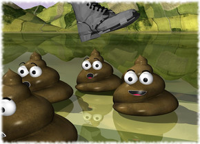 the second poop is in front and to the right of the first poop. the third poop is 6 inches to the left of the second poop. a fourth poop is 14 inches in front of the first poop. the ground is grass. the grey boot is .5 inches above the first poop. it is facing right. it is leaning 20 degrees to the back.