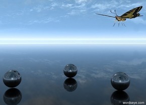 the shiny ball is on a shiny glass ground. the second shiny ball is 1 meter left of the ball. The third shiny ball is 1 meter in front of  the second ball. A huge butterfly flies  1 meter over the ground.
