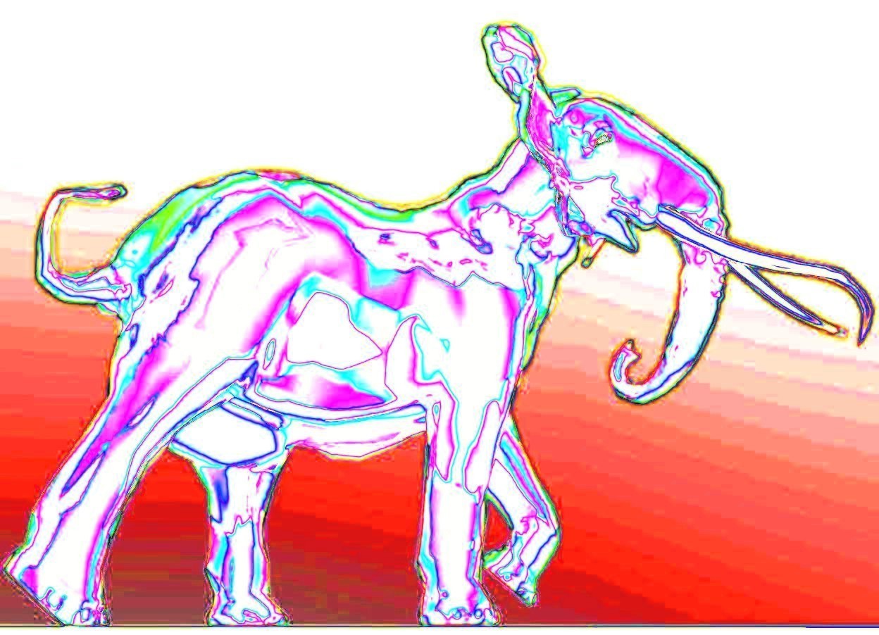 Input text: shiny pink elephant. the ground is pink. the sky is red. the ambient light is blue. there is a shiny pink acacia behind the elephant. there is a shiny pink giraffe to the left of the acacia. there is a gigantic transparent bubble under the acacia. the bubble is 8 feet in the ground.