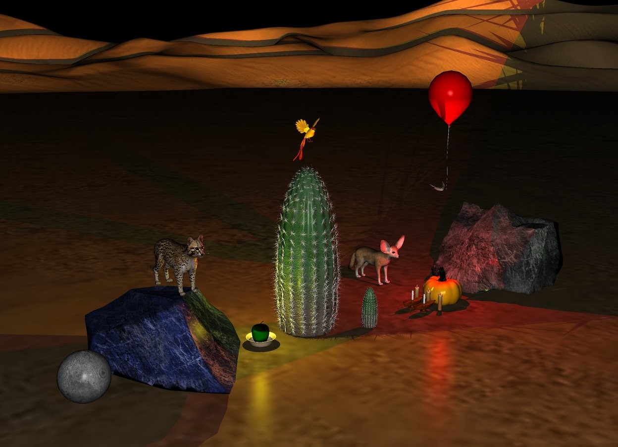 Input text: a desert. a moon. a orange pumpkin. a bird above a large cactus. 5 candles next to the pumpkin. a green apple in a bowl. a small cactus 2 feet next to the pumpkin. a red light above the pumpkin. a yellow light above the apple. a red balloon 2 feet above the pumpkin. a fox 1 feet behind the pumpkin. a rock on the ground. it is night. a small cat above the rock. a small bird next to the balloon. a rock right of the pumpkin.