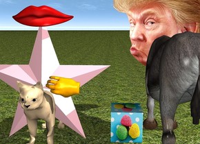 The large head is -2.3 feet in front of the donkey. It is 2.1 feet above the grass ground. a 1 feet tall [candy] cube is right of the donkey. a 0.6 feet tall mouth is -0.9 feet to the front of and on a 4 feet tall pink star. it faces back. a large tan cat is -2.7 feet to the back of the star. it faces back. a large orange hand is -1.9 feet left of and -2.4 feet above and 0.2 feet to the back of  the star. it leans 86 degrees to the left.
