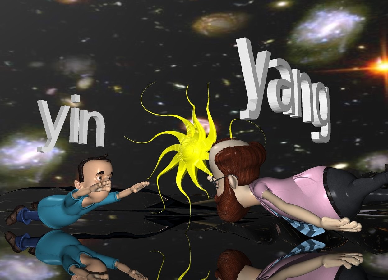 Input text: the "yin" is on the first man. he is facing right. a second man is 2 feet to the right of the first man. the "yang" is on the second man. it is facing right. he is facing left. the [sky] texture is on the sky. the texture is 2000 feet tall. the tall ground is clear. the shiny yellow sun symbol is to the right of the first man. 