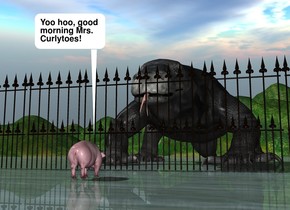 the fence is 30 feet wide. the humongous komodo lizard is behind the fence. it is 7 inches in the ground. the pink pig is 8 feet in front of the fence. it is facing back.