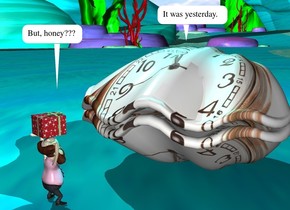 [clock]clam.the clam is 3 feet tall.a tiny man is 1 foot in front of the clam. he is facing the clam. a aqua light is 2 inches above the clam. the small present is on the man.