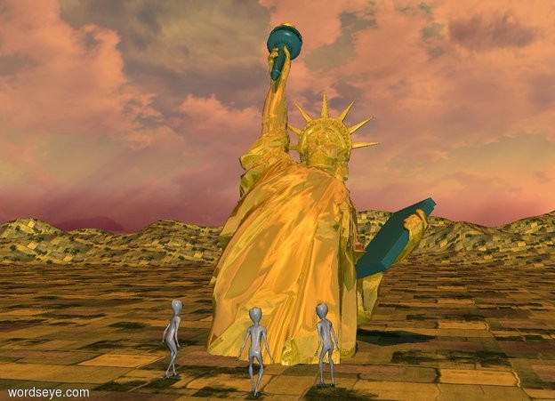 Input text: a 50 feet tall gold statue.the ground is grass.the statue is leaning 45 degrees to the north.the statue is 15 feet in the ground.the sun's altitude is 90 degrees.a first alien is -3 feet in front of the statue.the first alien is on the ground.the first alien is facing the statue.a second alien is 1 feet right of the first alien.the second alien is 1 feet behind the first alien.the second alien is facing northwest.the sun is old gold.a third alien is 6 feet left of the second alien.the third alien is facing northeast.