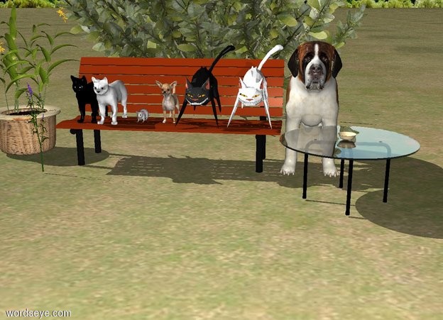 Input text: Garden. Small park bench 6 feet in the back. Little chihuahua on the park bench. A small saint bernard is on the right of the park bench. A small ferret is on the right of the chihuahua. A small white weasel is on the right of the ferret. A small white cat is five inches on the left of the Chihuahua. A small black house cat is on the left of the white cat. A mouse is 2 inches on the right of the white cat. In front of the park bench is a tiny kitchen table on the right. On the tiny kitchen table is a tiny bowl. On the left of the park bench are flowers. Behind the park bench is a bush
