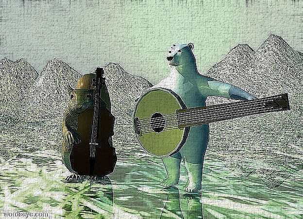 Input text: a large squirrel. a tiny bass is in front of the squirrel. the bass is -6 inches to the right of the squirrel. the bass is leaning 5 degrees to the left. a very small polar bear is to the right of the squirrel. the polar bear is -12 inches in front of the squirrel. a small banjo is in front of the polar bear. it is .6 foot over the ground. it is leaning 80 degrees to the left. the bear is facing southwest. the banjo is facing southwest. the ground is 10 feet high and 50 feet deep. the ground is shiny grass. the ambient light is pale teal. 2 gold lights are 1 foot in front of the bass and 3 inches over the ground.
the camera light is black. the sun is gold. 2 copper lights are over the squirrel and to the left of the squirrel.

