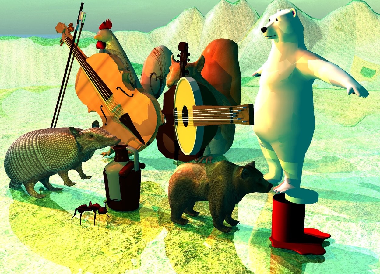 Input text: a large squirrel. a tiny bass is in front of the squirrel. the bass is -6 inches to the right of the squirrel. the bass is leaning 5 degrees to the left. a very small polar bear is to the right of the squirrel. the polar bear is -12 inches in front of the squirrel. a small banjo is in front of the polar bear. it is .6 foot over the ground. it is leaning 80 degrees to the left. the bear is facing southwest. the banjo is facing southwest. the ground is 10 feet high and 50 feet deep. the ground is shiny 5 inch tall [grass]. the ambient light is pale teal. 2 gold lights are 1 foot in front of the bass and 3 inches over the ground.
the camera light is black. the sun is gold. 2 copper lights are over the squirrel and to the left of the squirrel. a  1.8 feet tall [peacock] chicken is 0.5 feet left of the squirrel.a [wood] violin is -0.3 feet to the front of the chicken.it faces southeast. it leans 85 degrees to the southeast. a bow is -0.9 feet  left of  and 0.8 feet to the front of the chicken. it leans 69 degrees to the right. 2 rust lights are 6 inches to the front  of and 3 inches above the chicken. an armadillo is in front of the bow. the armadillo is facing right. the armadillo is leaning 25 degrees to the back. it is -.4 feet over the ground. a .6 foot high jug is -3.5 inches to the right of the armadillo. it is 0 inches above the ground. a green bronze light is in front of the armadillo. the second brown bear is 4 inches to the right of the jug. it is 7 inches tall. it is facing right. the small red cylinder is to the right of the second bear. it is 4 inches tall.the small white cylinder is above the red cylinder. it is .5 inches tall. it is -2 inches to the right of the red cylinder. the red egg is to the right of the second bear. the white of the egg is red. the very large ant is 1 inch in front of the jug. it is facing right.