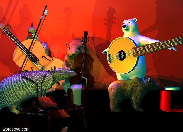 Input text: a large squirrel. a tiny bass is in front of the squirrel. the bass is -6 inches to the right of the squirrel. the bass is leaning 5 degrees to the left. a very small polar bear is to the right of the squirrel. the polar bear is -12 inches in front of the squirrel. a small banjo is in front of the polar bear. it is .6 foot over the ground. it is leaning 80 degrees to the left. the bear is facing southwest. the banjo is facing southwest. the ground is 10 feet high and 50 feet deep. the ground is black. the ambient light is pale teal. 2 gold lights are 1 foot in front of the bass and 3 inches over the ground.
the camera light is black. the sun is gold. 2 copper lights are over the squirrel and to the left of the squirrel. a  1.8 feet tall [peacock] chicken is 0.5 feet left of the squirrel.a [wood] violin is -0.3 feet to the front of the chicken.it faces southeast. it leans 85 degrees to the southeast. a bow is -0.9 feet  left of  and 0.8 feet to the front of the chicken. it leans 69 degrees to the right. 2 rust lights are 6 inches to the front  of and 3 inches above the chicken. an armadillo is in front of the bow. the armadillo is facing right. the armadillo is leaning 25 degrees to the back. it is -.4 feet over the ground. a .6 foot high jug is -3.5 inches to the right of the armadillo. it is 0 inches above the ground. a green bronze light is in front of the armadillo. the second brown bear is 4 inches to the right of the jug. it is 7 inches tall. it is facing right. the small red cylinder is to the right of the second bear. it is 4 inches tall.the small white cylinder is above the red cylinder. it is .5 inches tall. it is -2 inches to the right of the red cylinder. the red egg is to the right of the second bear. the white of the egg is red. the extremely huge shiny red ant is .5 foot in front of the jug. it is facing the armadillo. it is -1 foot to the right of the armadillo.
a gigantic [Curtain] wall is behind the chicken.
2 blue lights are 10 feet over the jug. 