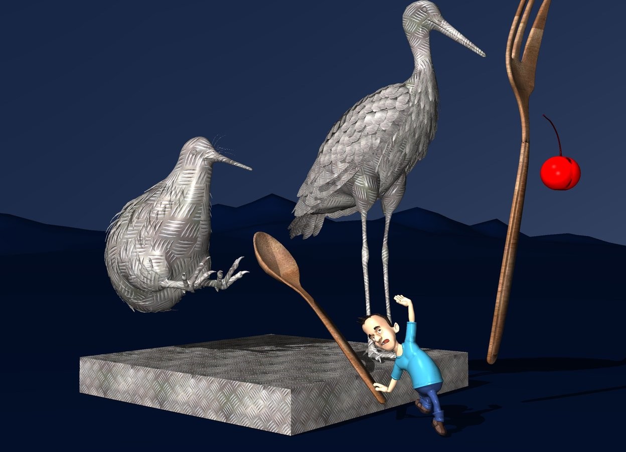 Input text: a [texture] stork is on a [texture] cube.the cube is 40 inch wide and 5 inch tall and 40 inch deep. the cube is on the ground. a huge [wood] fork is in front of the stork.the fork leans 95 degrees to the front.the stork is 50 inch tall.sky is ink blue.ground is ink blue.a [texture] kiwi bird is left of the stork on the cube. it is -10 inches behind the stork. it is leaning 50 degrees to the back. a huge [wood] spoon is -4 inch in front of the kiwi bird.the kiwi bird is 20 inch tall. the spoon is leaning 40 degrees to the front. it is 2 inches above the ground.

the tiny man is -7 inches in front of the spoon. he is facing left. he is on the ground. the large cherry is 10 inches above and 6 inches in front of the man. he is leaning 20 degrees to the left.