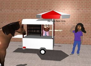 rene descartes.  a hotdog stand is just west of rene descartes. a huge brick wall is 4 feet behind the hotdog stand. the ground is concrete. a horse is 1 foot south of the hotdog stand. it is facing northeast. the horse is -5 foot west of the hotdog stand. a professor is 1 foot north of the hotdog stand. the professor is -6 foot east of the hotdog stand. it is noon. 