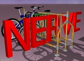  a metal bicycle rack. a 1.8 feet tall red "NERVE" is -2.1 feet above and -1.3 feet to the right of  the bicycle rack. it faces right. 1st 2.6 feet tall green  bicycle is 0.6 feet left of the "NERVE" and on the ground. 2nd bicycle is 0.8 feet left of the 1st bicycle. it faces back.the ground is lilac