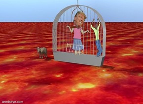 The tiny trump fits in the huge birdcage. The trump is 6 feet tall. The birdcage is 8 feet tall and 9 feet wide. The birdcage is 10 feet long.
The woman fits in the birdcage. The woman is to the right of trump. The woman is 7 feet tall and 2 feet wide. The woman is 2 feet from trump.
The tiny bird is on the cage.
the ground is fire.
The tiny elephant is two feet from the birdcage.