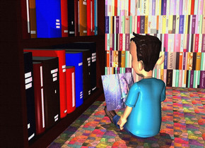a [library] wall.

a 20 foot high bookcase is 6 feet in front of the wall. the bookcase is facing right.

the ground is tile.

a cream light is 1 foot over and 1 foot to the right of the bookcase.

a boy is 1 foot to the right of the bookcase. he is facing northwest. a big [fairy tale] book is -2 foot behind and -2 foot to the left of the boy. the book is 1 foot above the ground. the book is facing southeast. the book is leaning to the back. a pink light is 2 feet in front of the boy.