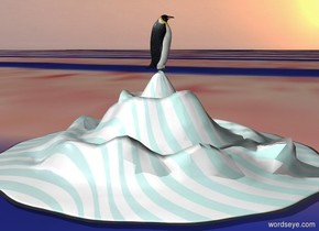 The [paint] ground is 150 feet high. A tiny [painting] mountain. A penguin is on top of the mountain. The penguin is facing the right. 

