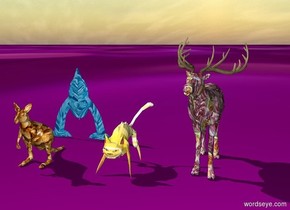 [plant]caribou.  [circle] big 3d cartoon object. 
 [candy] cub is 3 feet to the left of the 3D cartoon object. The ground is [car]. A huge 5 foot tall and 5 feet wide [car] chameleon is 2 feet behind the cub. 
