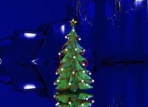 a christmas tree. the ground is silver. the sky is ink blue. 3 blue lights are 3 feet above the tree. a baby blue light is 2 feet above the tree. the sun is blue. a white light is 1 foot above the tree.