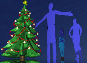 a 50 inch tall flat [IKB191] 1st man.the man is facing west.a 45 inch tall flat [IKB191] woman is 40 inch right of the man. the woman is facing east.a 1st 75 inch tall christmas tree is behind the man.sky is ink blue.ground is clear.ambient light is ink blue.a 30 inch tall flat [IKB191] 2nd man is 10 inch right of the 1st man.