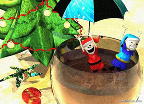 a large wine glass. a 1st very tiny elf is 3 inches in the glass. it is leaning to the right. a 2nd very tiny elf is -1 inch to the right of the 1st elf. it is leaning to the left. a tiny [christmas] umbrella is behind the first elf. the ground is shiny sand. a small christmas tree is 1 foot behind and -.5 feet to the left of the wine glass. a [christmas] starfish is .2 foot to the left of and .5 feet behind the wine glass. it is facing the wine glass.  the sun is cream. a copper light is over the glass. a lemon light is over the umbrella. a small [christmas] seashell is leaning 90 degrees to the right. it is in front of and -1 feet to the left of the starfish. 