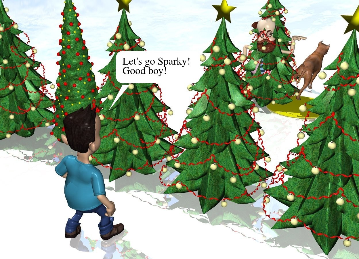 Input text: the man is 8 feet in the first christmas tree. he is -3 foot in front of the tree. the ground is shiny white. the 6 christmas trees are 7 feet in front of the first christmas tree. the large dog is -1.5 foot to the right and behind the man. it is facing back. it is leaning 20 degrees to the right. the boy is 15 feet in front of the man. he is facing back. the large yellow circle is -2 feet to the right of the man. 