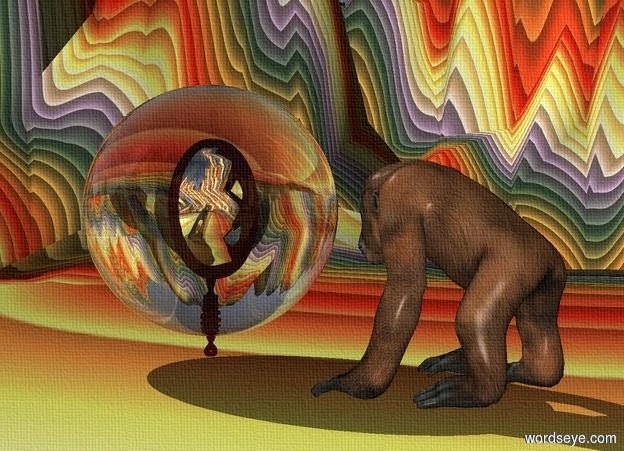 Input text: a 10 inch tall  ape.a 11 inch tall mirror is 10 inch left of the ape.the ape is facing the mirror.the mirror is facing the ape.ground is 100 feet tall and 100 feet wide..ground is rainbow.a 14 inch tall clear white sphere is -10 inch above the mirror.