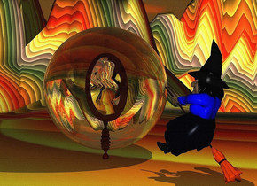 a 12 inch tall   witch.a 11 inch tall mirror is 8 inch left of the witch.the witch is facing the mirror.the mirror is facing the witch.ground is 80 feet tall and 100 feet wide..ground is rainbow.a 14 inch tall clear white sphere is -10 inch above the mirror.the shirt of the witch is blue.sky is cloud.it is evening.a gold light is above the witch.
