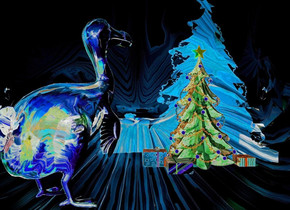 a shiny [christmas] whale. 
a 5 feet tall shiny [christmas] dodo is -15 feet left of and -30 feet in front of and -10 feet above the whale. it is facing southwest. a 1st red light is right of the dodo. a 2nd white light is left of the dodo.
the camera light is black. a 3rd blue light is 10 feet left of the dodo.  a 5 feet tall dull christmas tree is 0.5 feet left of and 1 feet in front of the dodo. a 0.7 feet tall 1st dull christmas present is right of the christmas tree. a 0.4 feet tall 2nd dull christmas present is behind and -0.1 feet left of the 1st christmas present. a 0.4 feet tall 3rd dull christmas present is left of the christmas tree.