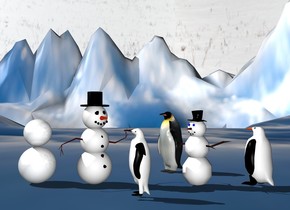 a first snowman.a second snowman is 1 feet left of the first snowman.the second snowman is facing southeast.the first snowman is facing southwest.[snow]ground.the ground is 175 feet tall.a first penguin is 1 feet behind the second snowman.the first penguin is on the ground.the second snowman is on the ground.the first penguin is 2 inches right of the second snowman.a second penguin is 6 inches in front of the first snowman.the second penguin is facing north west.the second penguin is 2 inches left of the first snowman.a third penguin is right of the first snowman.the third penguin is facing the first penguin.a dull 2 feet tall white sphere is left of the second snowman.a dull 1.5 feet tall sphere is on the 2 feet tall sphere.the first penguin is facing southwest.[winter]sky.