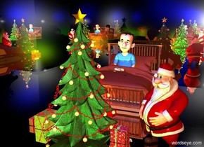 a 30 feet tall silver cube.a christmas tree is -30 feet above the cube.a green light is 2 feet in front of the tree.a blue light is 1 feet above the tree.a man is 1 feet right of the tree.the man is facing southwest.a first box is right of the tree.a red light is 1 feet behind the tree.a yellow light is 1 feet left of the tree.a second box is left of the tree.a third box is left of the second box.a fourth box is 1 feet behind the tree.the ambient light is old gold.a bed is 2 feet behind the tree.a boy is -42 inches above the bed.a box is -25 inches above the bed.