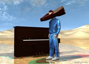 the very large shoe is 18 inches in the man. it is leaning forward. it is facing left.

the piano is a foot behind the man. the man is facing left.

the ground is shiny.  the red light and cyan light are 3 feet above the shoe.