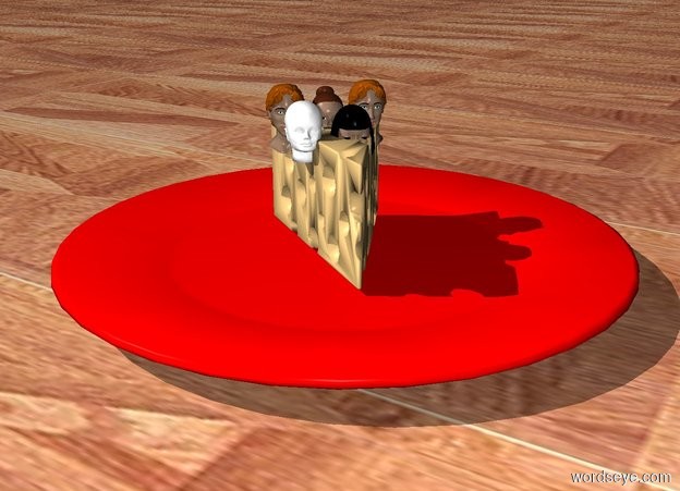 Input text: three very tiny heads in the cheese. two very tiny heads are in front of the heads. the cheese is on a plate. the ground is parquet. the plate is red.