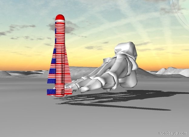 Input text: the very tiny american missile is in front of the foot. the missile is facing up. the ground is white.
