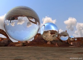 a large glass sphere is 3 feet above the ground. 
a silver sphere is to the right of the sphere.
a small glass sphere is to the right of the sphere.
a tiny silver sphere is to the right of the sphere.
a very tiny glass sphere is to the right of the sphere.




