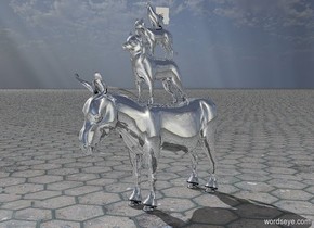There is a donkey. The donkey is silver. There is a dog -13 inches over the donkey. The dog is silver. The ground is tile. -10 inches over the dog is a cat. The cat is 15 inches tall.  the cat is silver too. Over the cat is a silver cock. The cock is -5 inches from the cat. 