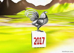 a rooster is -1 inches above and -3 foot to the right of a 2 foot tall cube. the ground is [farm]. the ground is 100 feet high. a 1 foot tall and 1.5 foot wide red "2017" is in front of the cube. it is .5 foot above the ground. it is noon.