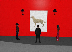 There is a giant red wall. A canvas is in front of the wall. The canvas is leaning 90 degrees to the back. The canvas is 2 feet above the ground. The canvas is white. A man is 2 feet in front of and 3 feet to the left of the canvas. The man is on the ground. The man is facing the canvas. A woman is 12 feet to the right of the man. The woman is facing the canvas. An apple is 1 inch in front of and 1 inch to the left of the wall. A large dog is 1 inch in front of the canvas. The large dog is facing the apple. The dog is -6 feet above the canvas. The dog is 0.1 inches wide. The ground is grey. The 1st lamp is 2 feet to the left of and 0.5 foot above the dog. The 2nd lamp is 2 feet to the right of and 0.5 foot above the dog. A man is 5 feet in front of the canvas and on the ground. The man is facing the canvas.