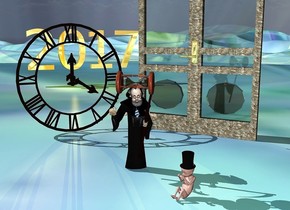 grim reaper. the 2.2 feet tall  professor is -2.9 feet above and -3.36 feet to the front of the grim reaper. the professor leans 12 degrees to the front. the beard of the professor is gray. the mustache of the professor is gray. the shirt of the professor is black. the cutting blade of the grim reaper is clear. a large hourglass is in front of the blade of the grim reaper. it leans 89 degrees to the right. a 0.64 feet tall tan hand is -0.65 feet left of and -2.1 feet above and -0.45 feet to the front of the grim reaper. it faces back. it leans 48 degrees to the northeast. a enormous clock is 5 feet behind and 2 feet left of the grim reaper. the clock faces the grim reaper. a 2 feet tall baby is 1 feet right of and 1 feet in front of the grim reaper. the baby faces southwest. a hat is -0.2 feet above and -1 feet right of the baby. the ground is 500 feet tall [texture]. a large door is 7 feet behind and -3 feet right of the grim reaper. the door faces the grim reaper.the panel of the door is clear. the frame of the door is [texture].a 8 feet tall gold "2017" is 29 feet behind and -25 feet right of the clock. it is 3 feet above the ground.it faces the door. a orange light is 3 inches in front of the "2017". a huge gold doorknob is -7.5 feet above and -6.8 feet to the right of and 0.1 feet to the front of the door.