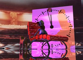 the shiny [clock] wall is 8 feet wide. the very tiny black sphere is in front of the wall. it is 7.1 feet above the ground. the small head is -2 inches to the left of the sphere. the shiny red chair is 3 foot in front of the wall. it is facing southeast. the small man is on the chair. the [nuclear] texture is on the sky.  the texture is 3000 feet tall. the ground is silver. the dog is -1 foot to the left of the chair. it is facing northwest. the red light is 3 feet to the left of the dog. the blue light is 3 feet in front of the red light. the dim green light is above and 4 feet in front of the wall. the camera light is black. the dim tan light is above and two feet to the right of the man.