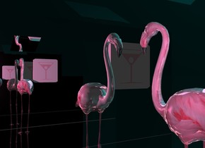 The ground is silver. The sky is black. A 1st silver wall. A 2nd silver wall is 8 feet in front of the 1st wall. A large pink reflective flamingo is 4 feet in front of the 1st wall. A green light is in front of the flamingo. The sun is teal. The camera light is hot pink. A large flat silver cube is 6 inches above the flamingo. The cube is facing the 1st wall. The cube is leaning 60 degrees to the front. A pink sign panel is to the left of the flamingo. The sign panel is 4 feet above the ground.
