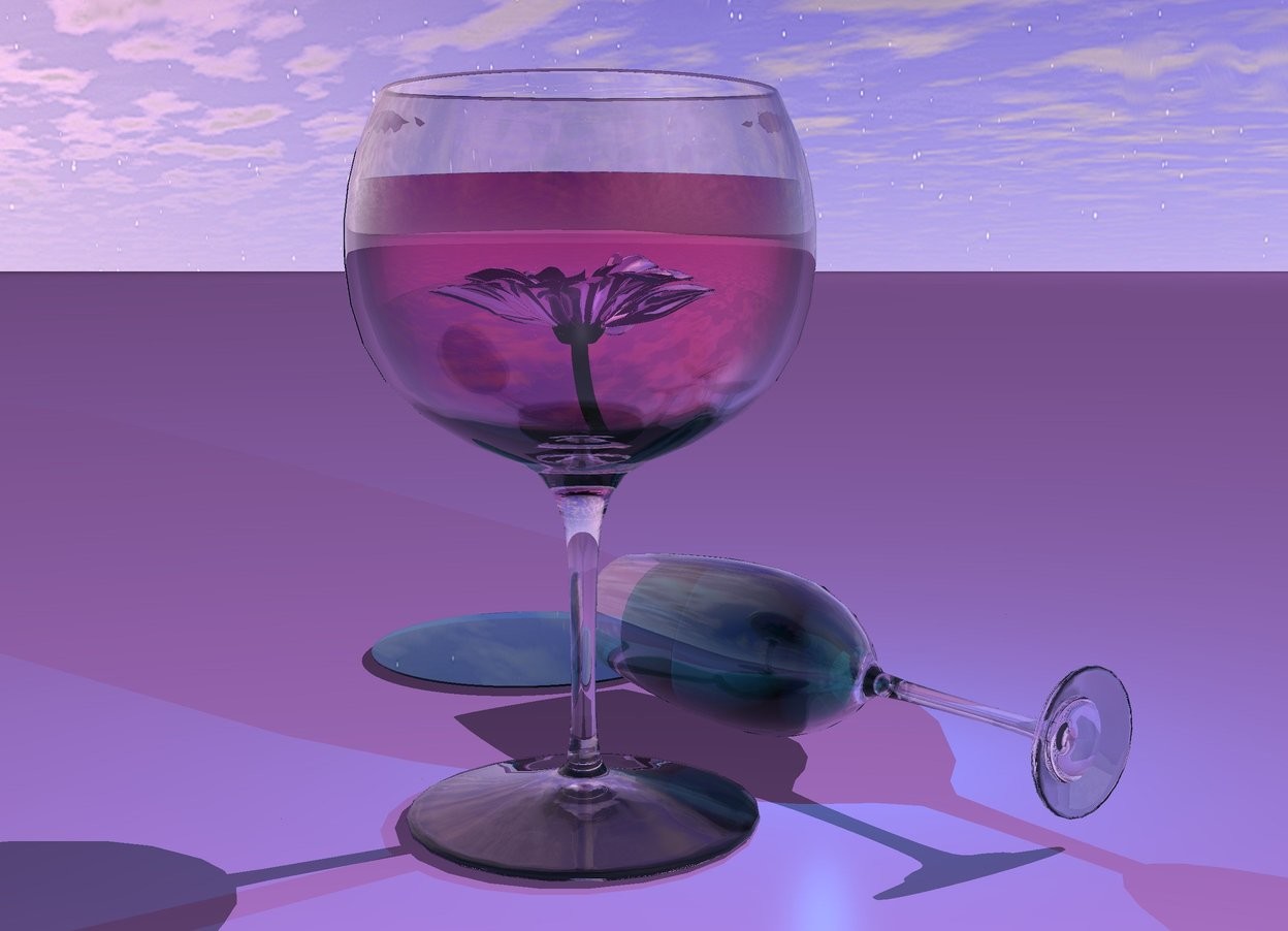Input text: There is a very large wine glass. The liquid of the wine glass is hot pink. A very large glass is next to the wine glass. The fluid of the glass is bright teal. The glass is leaning 90 degrees to the front. There is a clear small teal puddle 1 inch in front of the glass. There is a teal light 6 inches in the glass. There is a  purple reflective flower 12 inches in the wine glass. A pink light is above the flower. The ground is lavender.