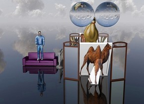 The man is on the purple couch.
There is a camel on the ground. 
The ground is clear.

There is a fence 4 feet to the right of the camel.
The fence is facing east.

There is a 2nd fence 4 feet to the left of the camel. The fence is facing west.
There is a large [camel] picture frame 2 feet in front of the camel.

The picture frame is facing north.

There is a large mirror on the left of the picture frame.

There is a 2nd large mirror on the right of the picture frame. 

The mirrors are facing north.

There is a 2nd large [camel] picture frame 2 feet behind the camel.

There is a 3rd large mirror on the left of the 2nd picture frame.

There is a 4th large mirror on the right of the 2nd picture frame. 

The mirrors are facing the camel.

There are 2 huge clear spheres in front and on top of the camel.
