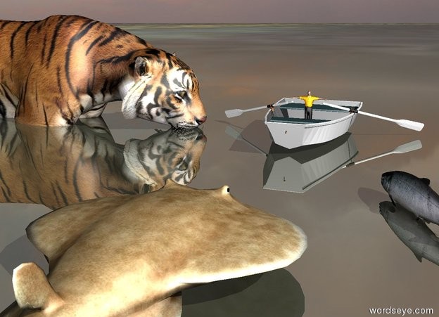 Input text: a large fish is on the shiny [stars] ground. it is cloudy. the white dinghy is 6 feet in front of the fish. the very small man is in the dinghy. he is facing backwards. 

the huge tiger is to the right of the boat. it is in the ground. it is facing the man.

the 2nd large fish is 6 inches to the left of and in front of the fish. it is facing the man.