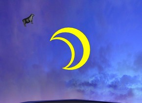The cow is above the enormous yellow moon.

The moon is 1000 feet above the clear ground.

The cow is above the moon.

The cow is facing east.

The cow is 200 centimeters to the left of the moon. 

The cow is leaning back.