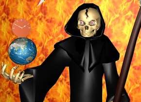There is a large grim reaper on the ground. 
There is a small earth on the left of the grim reaper.

The earth is 8 feet above the ground.

The grim reaper is 12 centimeters to the left.

There is a 50 foot wide and 50 foot tall [fire] wall behind the grim reaper on the ground.

There is a clock above the earth.
The clock is facing southeast.